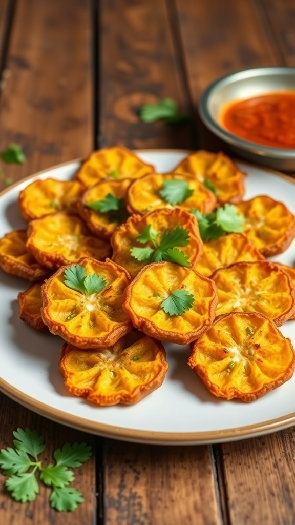 Crispy karela slices, golden brown and garnished with coriander, served with chutney on a rustic table.
